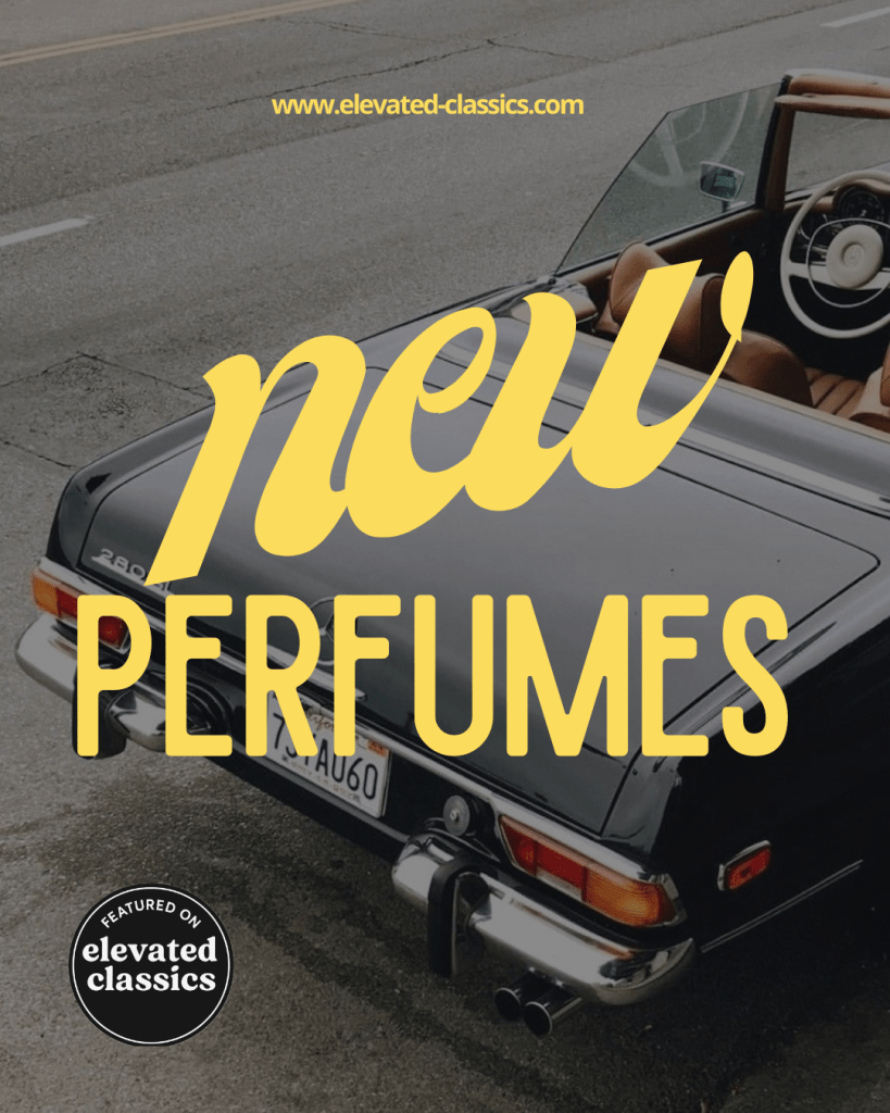 A vintage black convertible car parked on the street, featuring text overlay that reads 'new PERFUMES' in bold yellow letters, with a logo for 'elevated classics' in the bottom corner.