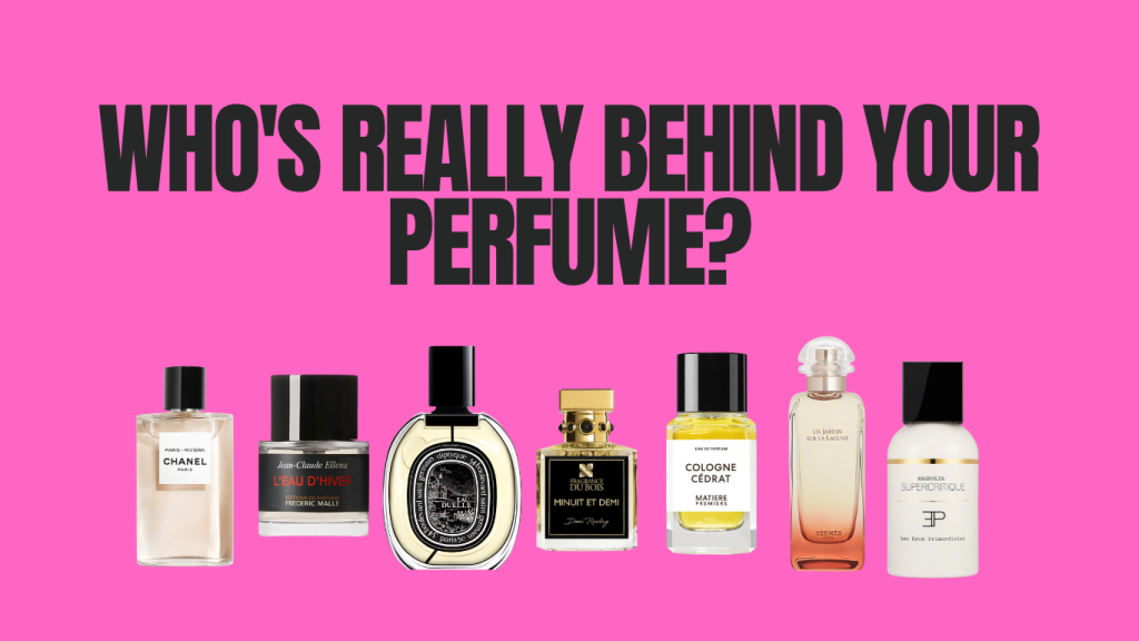 A collection of various perfume bottles displayed against a bright pink background, featuring the text 'WHO'S REALLY BEHIND YOUR PERFUME?'